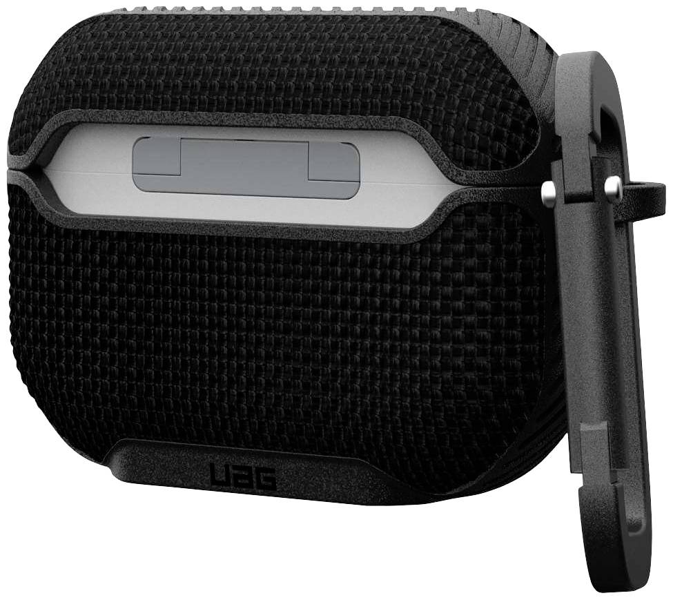 Schwarzes, strukturiertes Etui für Kopfhörer mit Metallschließe, bietet Schutz und robustes Design.