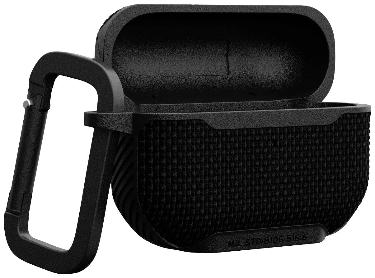 Eine schwarze, strukturierte Schutzhülle mit Karabinerhaken, geöffnet dargestellt. Entwickelt für tragbare Geräte, robust und schützend.