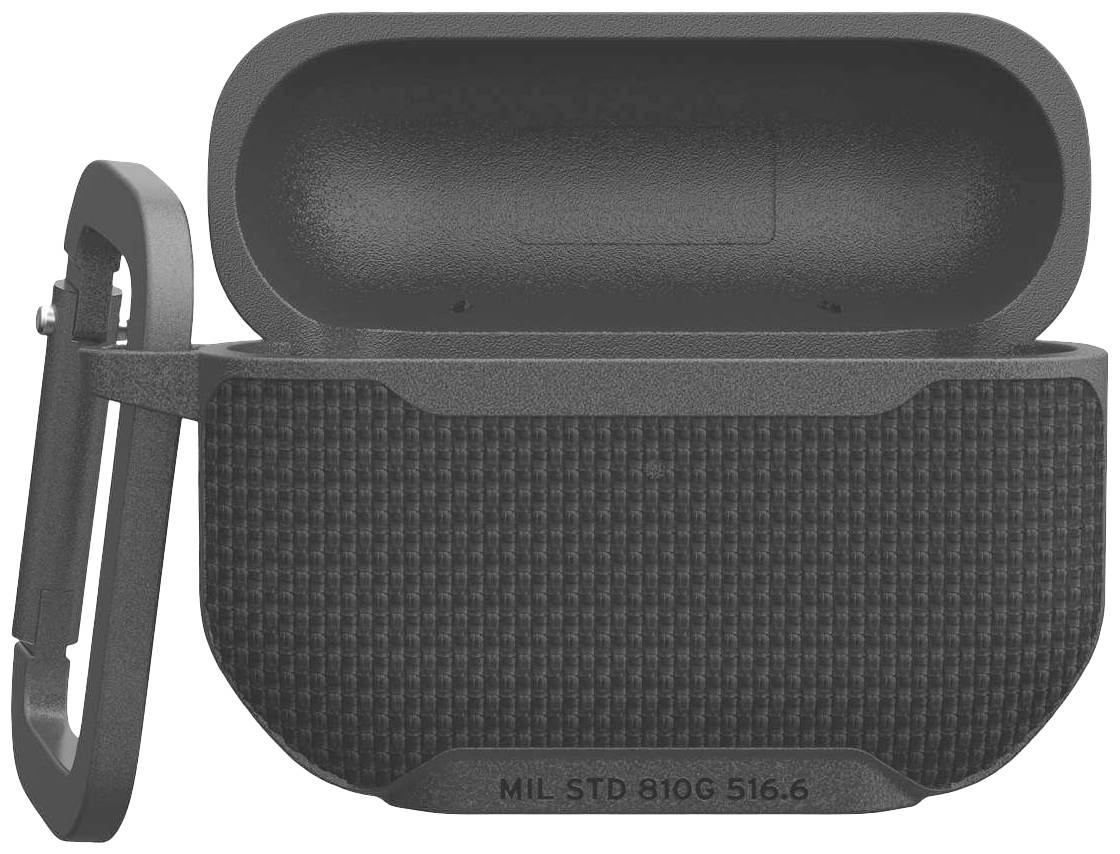 Schwarzes, robustes Etui mit abnehmbarem Karabinerhaken, geöffnet, Vorderansicht. Text: 'MIL STD 810G 516.6'.