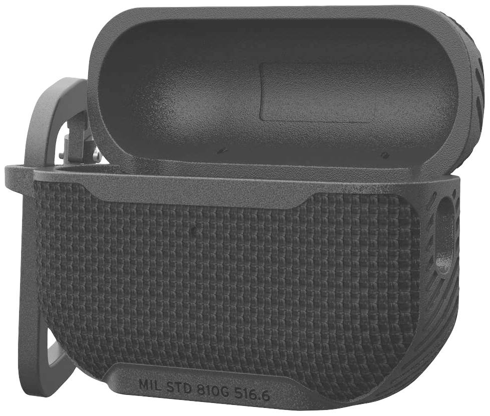 Ein robustes, standardisiertes Gehäuse für drahtlose Ohrhörer, offen dargestellt. Text auf Gehäuse 'MIL STD 810G 516.6'.