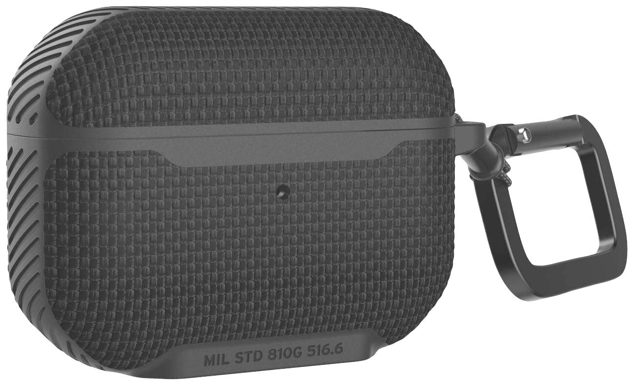 Ein schwarzes, texturiertes Gehäuse für kabellose Ohrhörer mit Karabiner; robustes Design, mit der Aufschrift 'MIL STD 810G 516.6'.