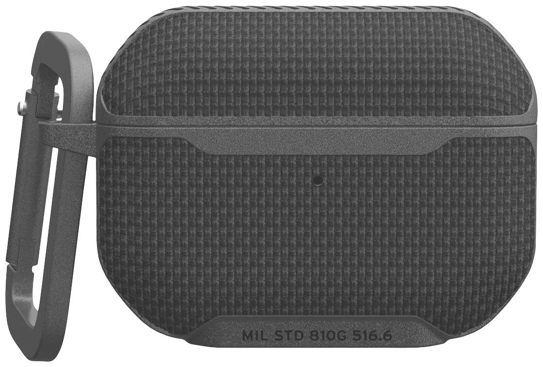 Dunkles AirPods-Etui mit texturierter Oberfläche und Karabinerhaken, MIL STD 810G 516.6 Standard für Schutz.