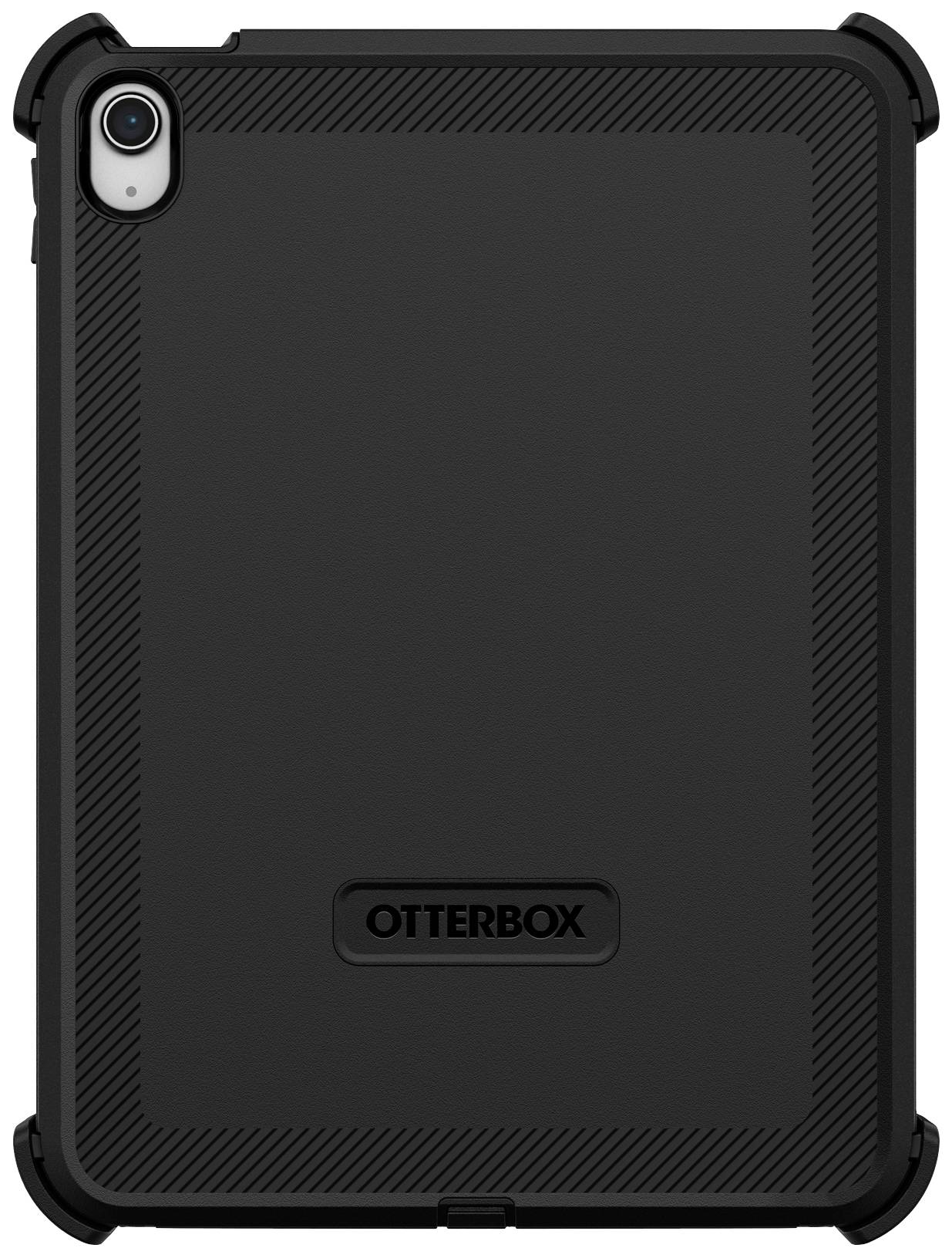 Eine schwarze OtterBox-Schutzhülle für ein Tablet, das die Rückseite mit Kamera schützt.