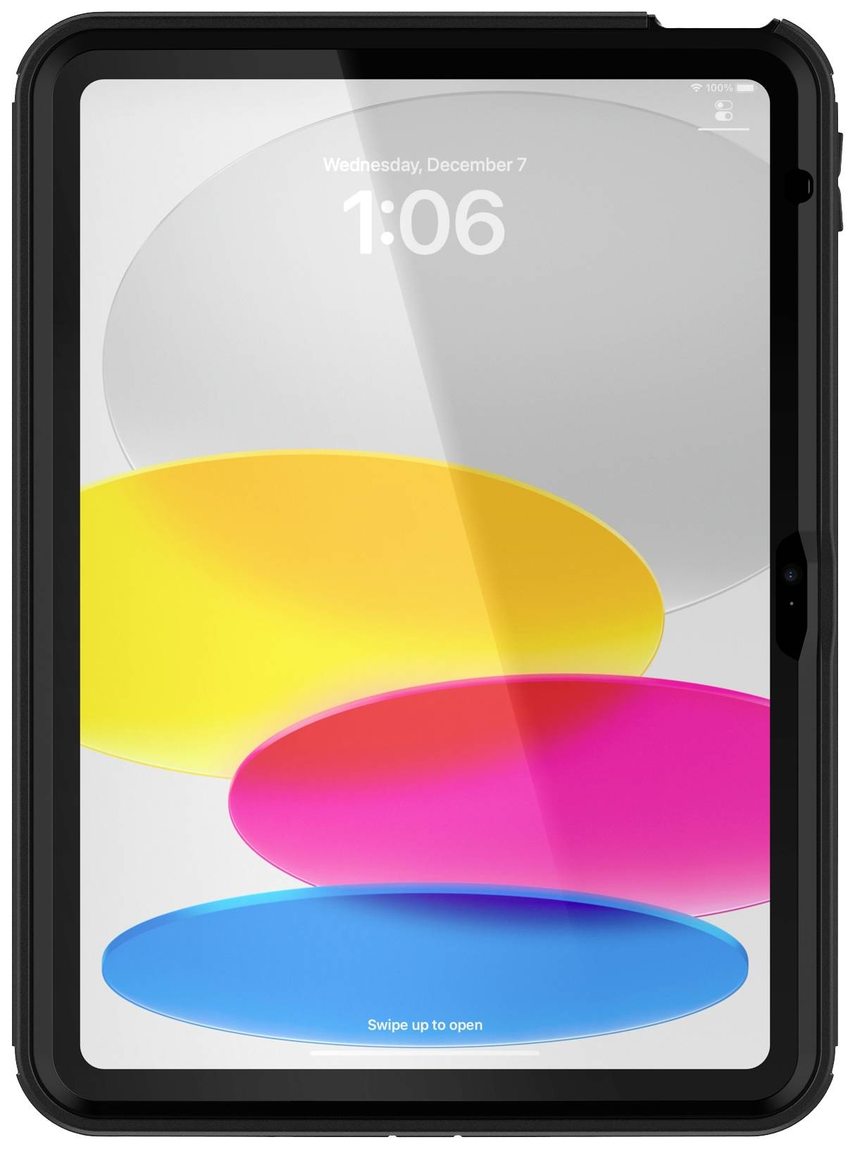 Tablet mit buntem Bildschirmschoner. Darstellung von gelben, magentafarbenen und blauen Ovalen auf grauem Hintergrund.