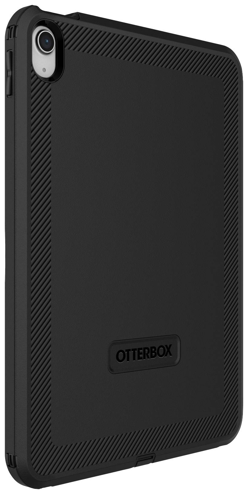 Schwarzes OtterBox-Schutzhülle für ein Tablet, zeigt die Rückseite des Gehäuses mit Texturdetails und Kameraaussparung oben links.