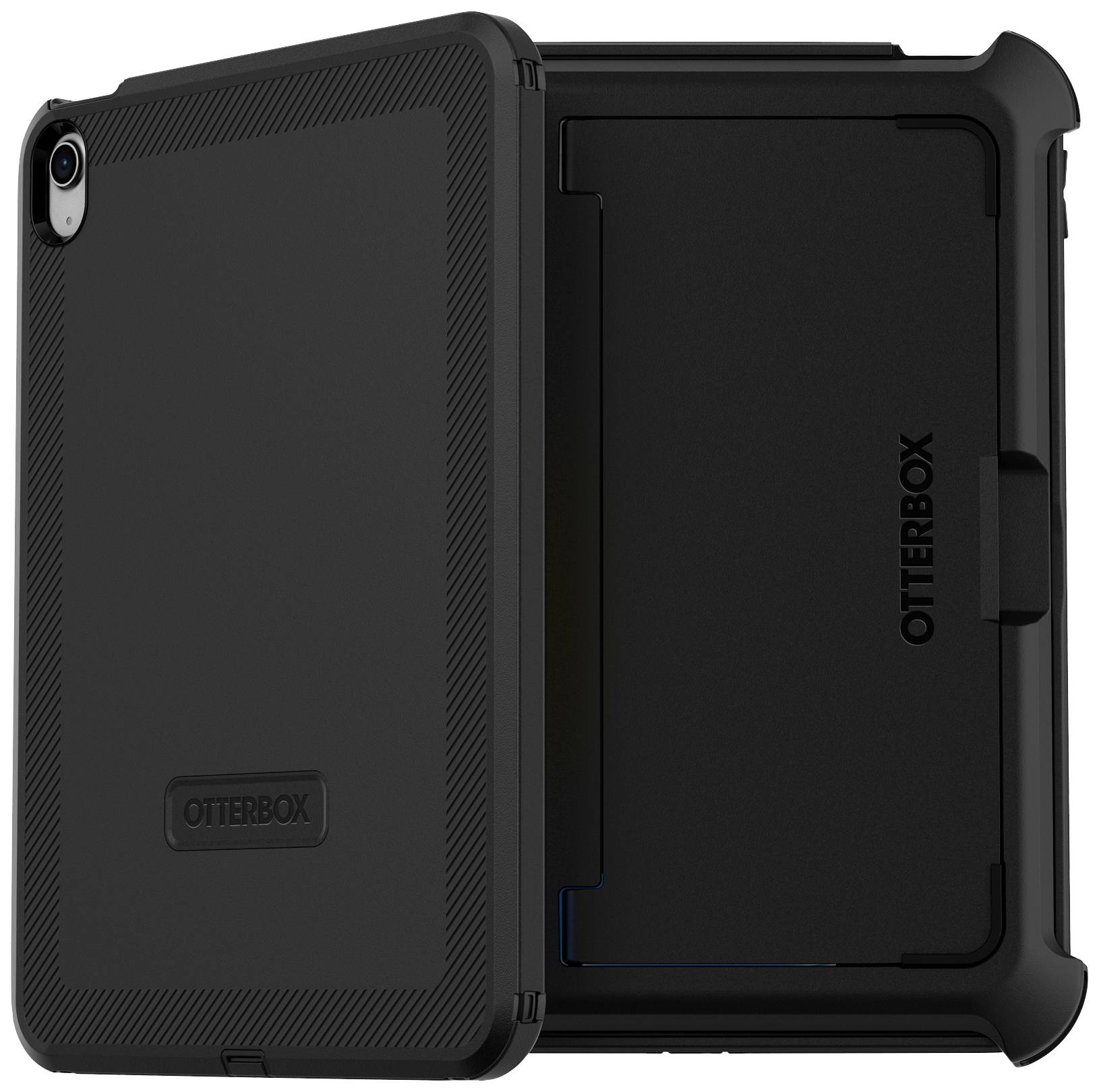 Zwei schwarze Tablet-Schutzhüllen von Otterbox, eine von vorne, die andere von hinten. Robust gestaltet für umfassenden Schutz.