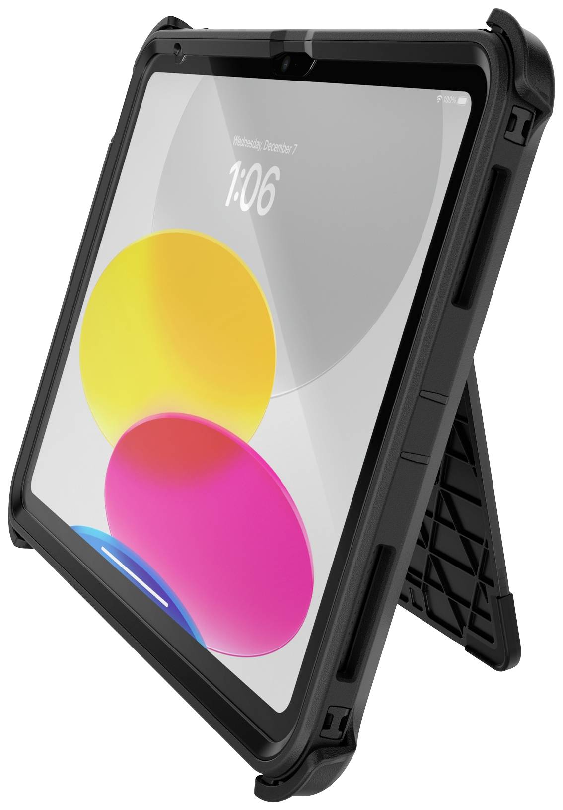 Robustes schwarzes Gehäuse schützt das Tablet, das auf einem Ständer steht und ein farbiges Display zeigt.