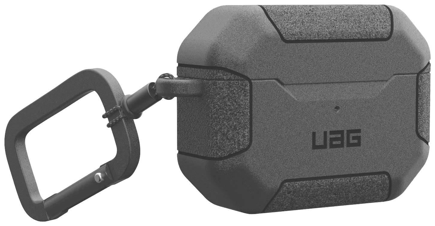 Eine schwarze, robuste Hülle der Marke UAG für kabellose Kopfhörer mit Karabinerhaken, schützend und funktional gestaltet.