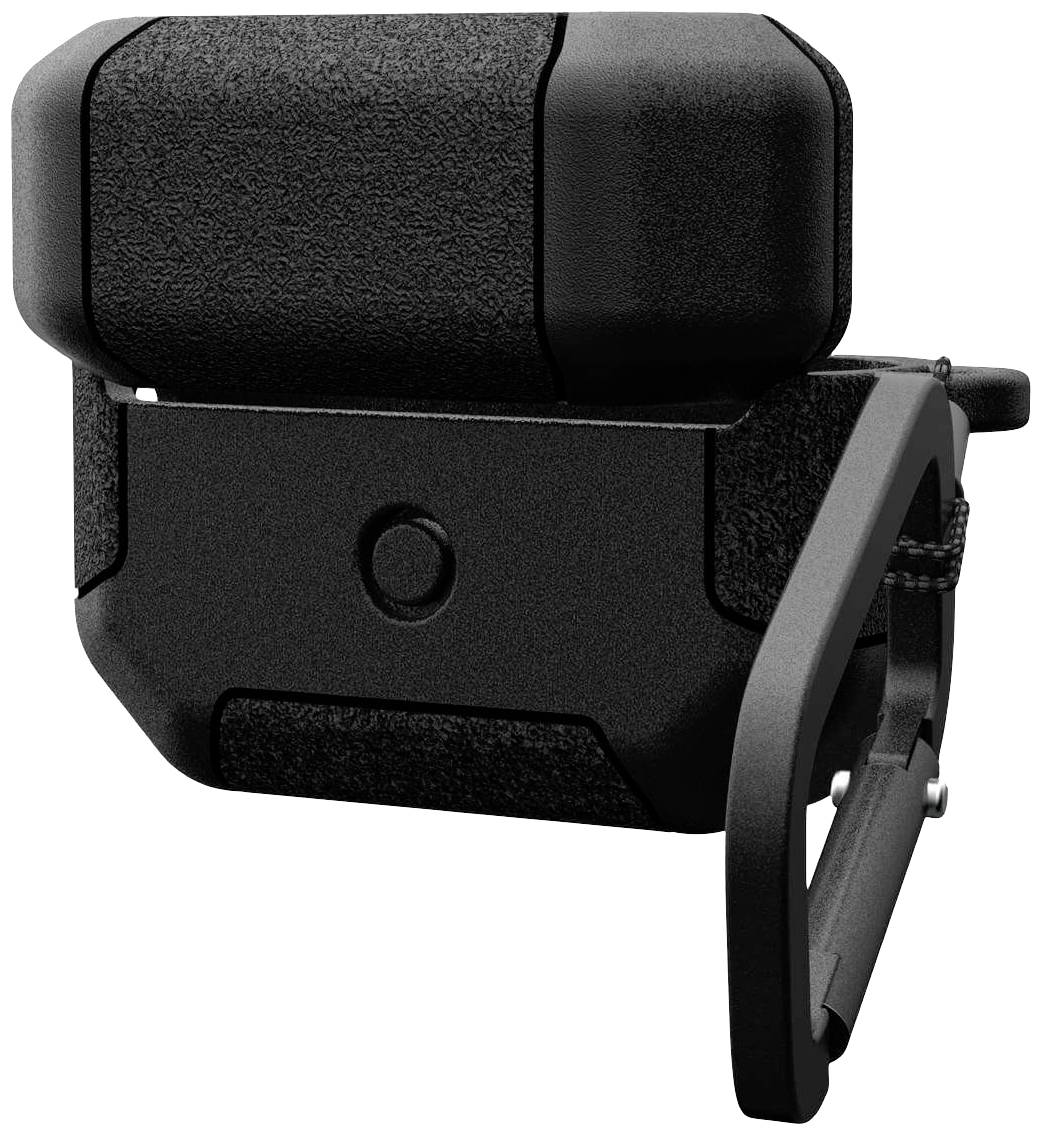 Eine schwarze Halterung für ein technisches Gerät, vermutlich für Outdoor-Aktivitäten, zeigt einen robusten, gepolsterten äußerlichen Schutz.