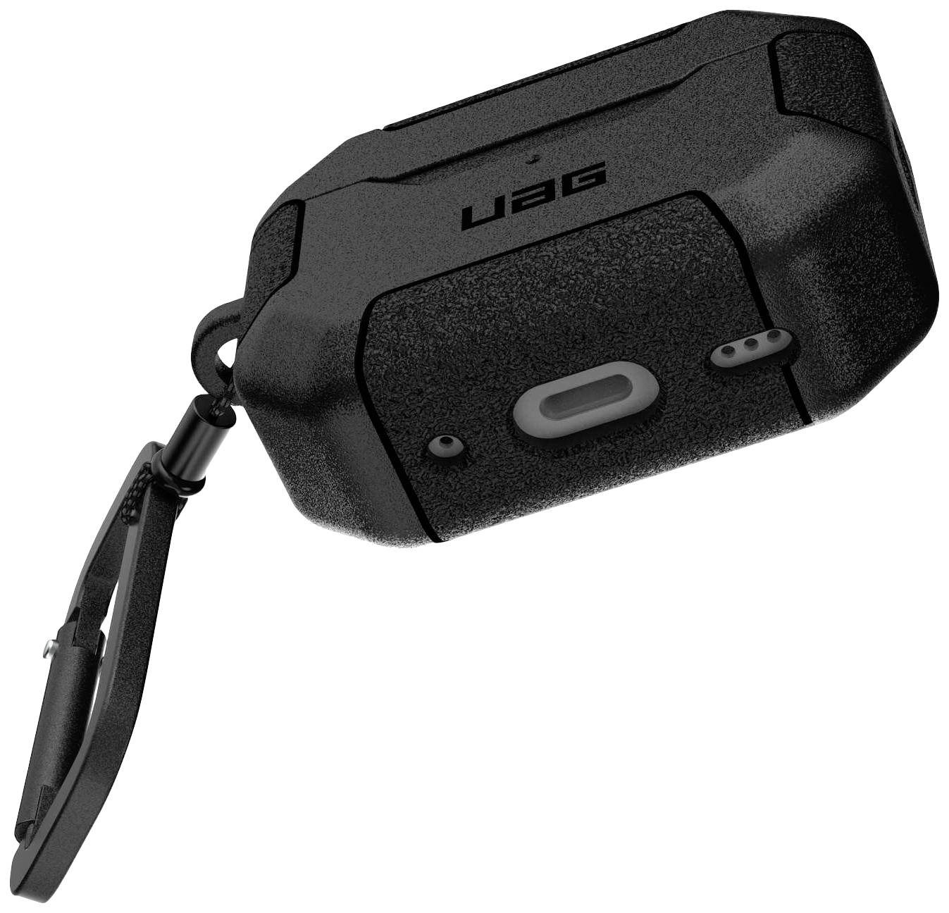 Schwarzes, robustes Etui von UAG mit Karabinerhaken, designed für den Schutz von Ladegeräten oder kleinen Geräten.