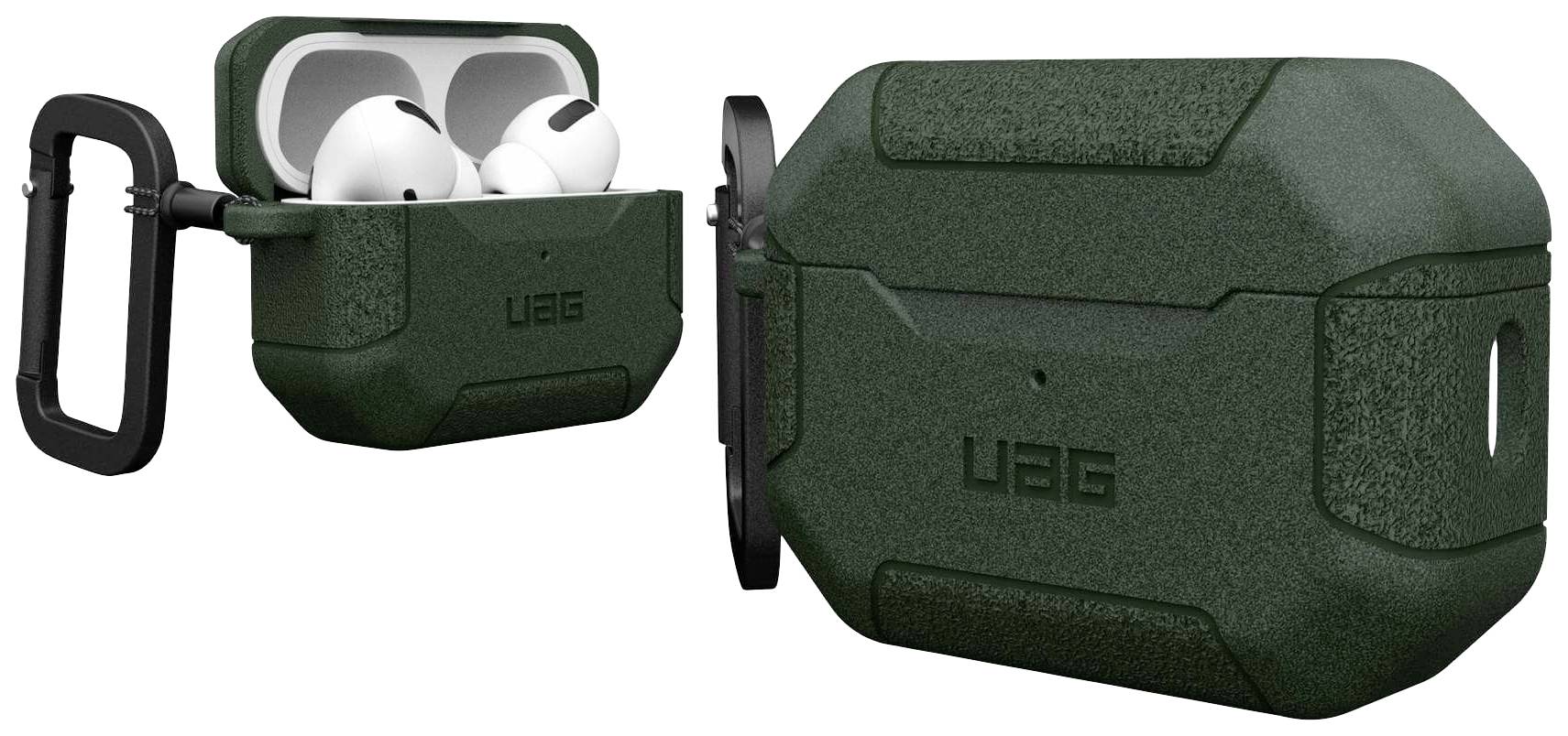Zwei robuste grüne Schutzhüllen für AirPods Pro mit schwarzem Clip, die Schutz und einfachen Transport bieten.