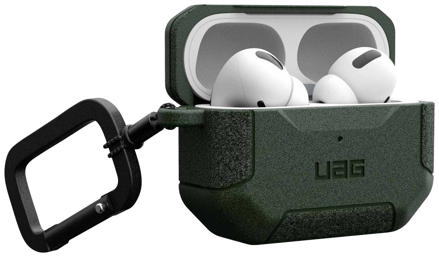 Schutzhülle von UAG für kabellose Ohrhörer, grüne Farbe, mit robustem Design und Karabinerhaken zur einfachen Befestigung.