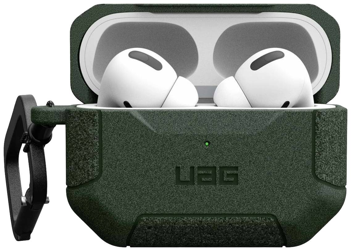 Kabellose weiße Ohrhörer in einem dunkelgrünen, strukturierten Ladecase mit abnehmbarer Halterung.