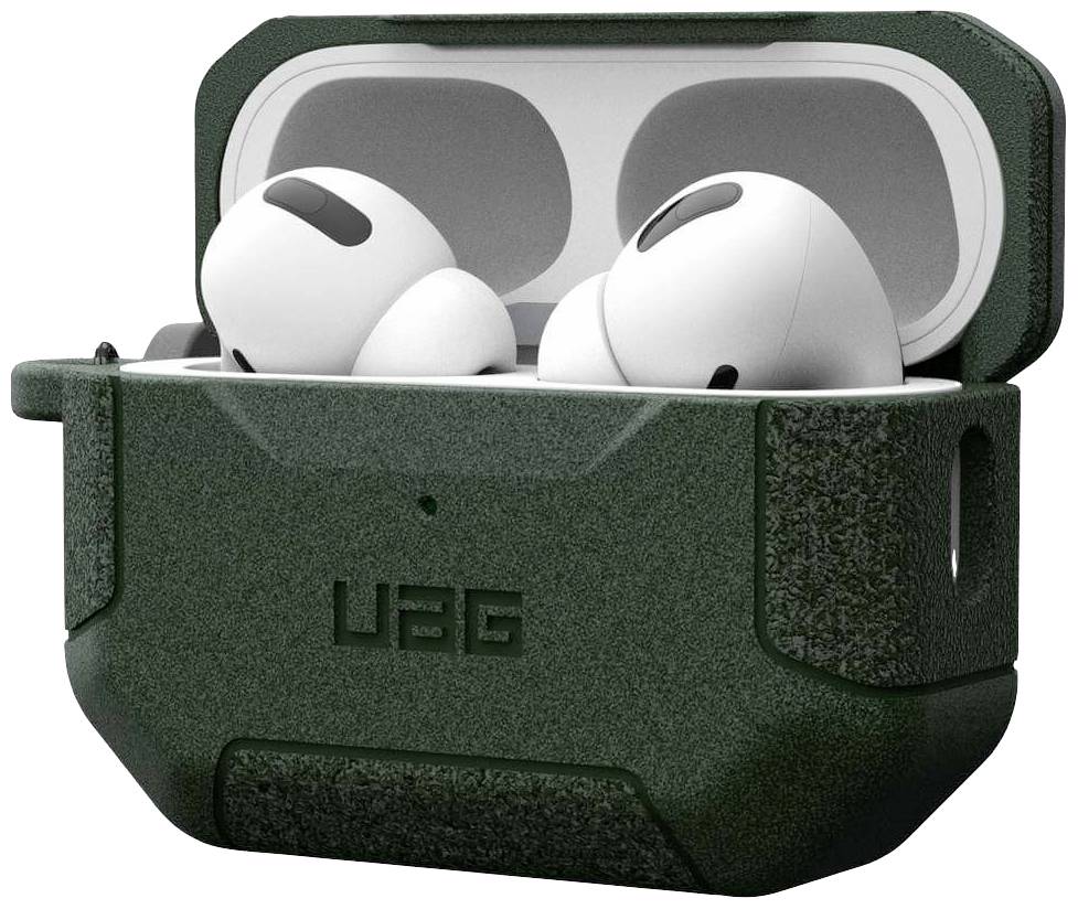 Grünes Etui mit geöffnetem Deckel, darin weiße kabellose Ohrhörer sichtbar, die zum Aufladen eingelegt sind.