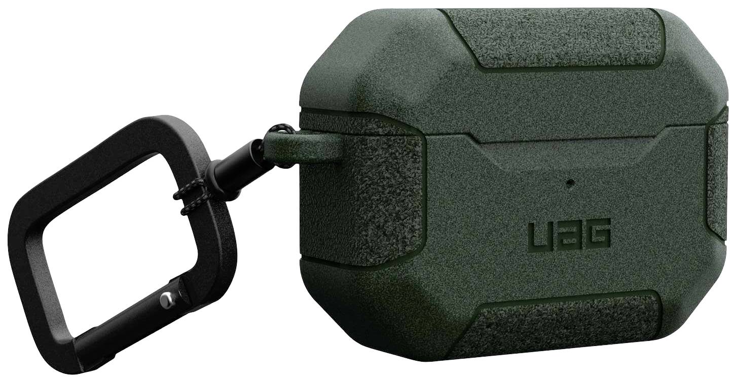 Grünes, robustes UAG-Case für kabellose Ohrhörer mit Karabinerhaken, entwickelt für optimalen Schutz und einfache Befestigung.