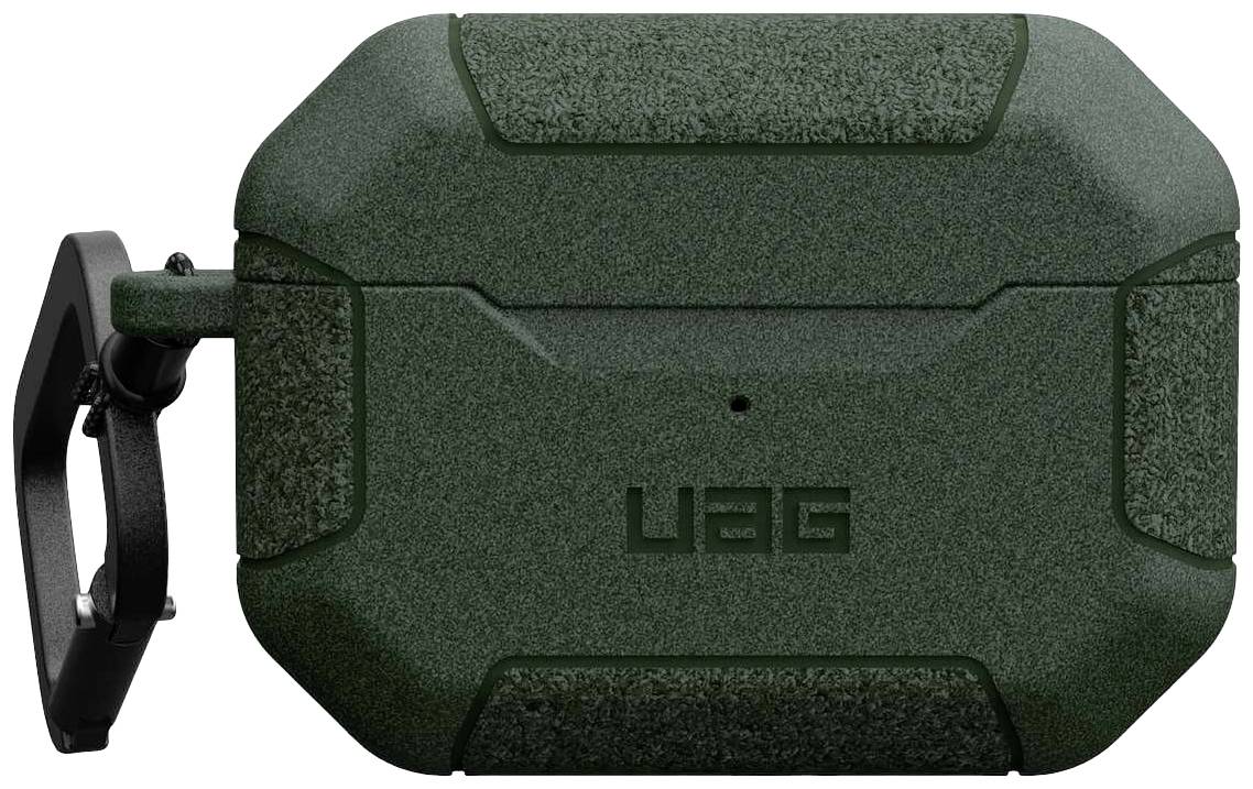 Grünes AirPods Case von UAG mit robustem Design und schwarzem Karabinerhaken an der Seite, auf einer weißen Oberfläche platziert.