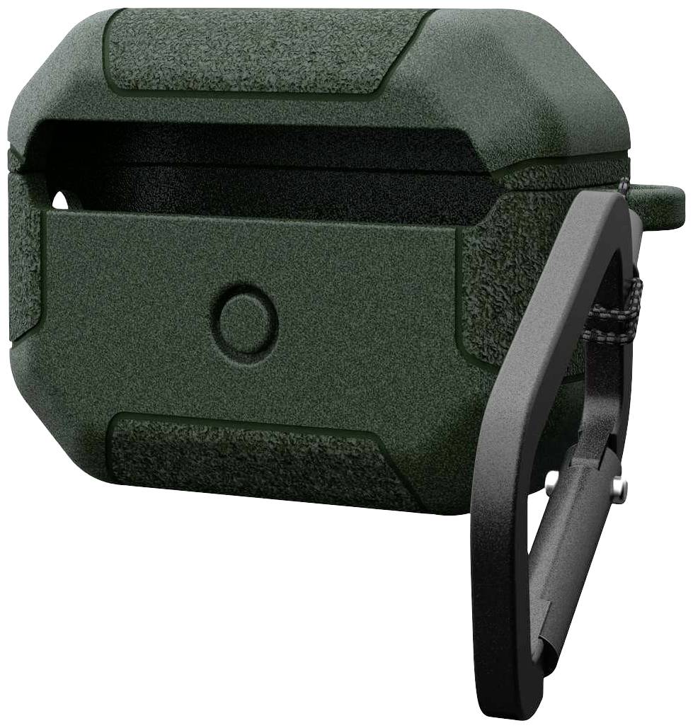 Ein dunkelgrünes, robustes Kunststoffgehäuse mit schwarzem, klappbarem Karabinerhaken.