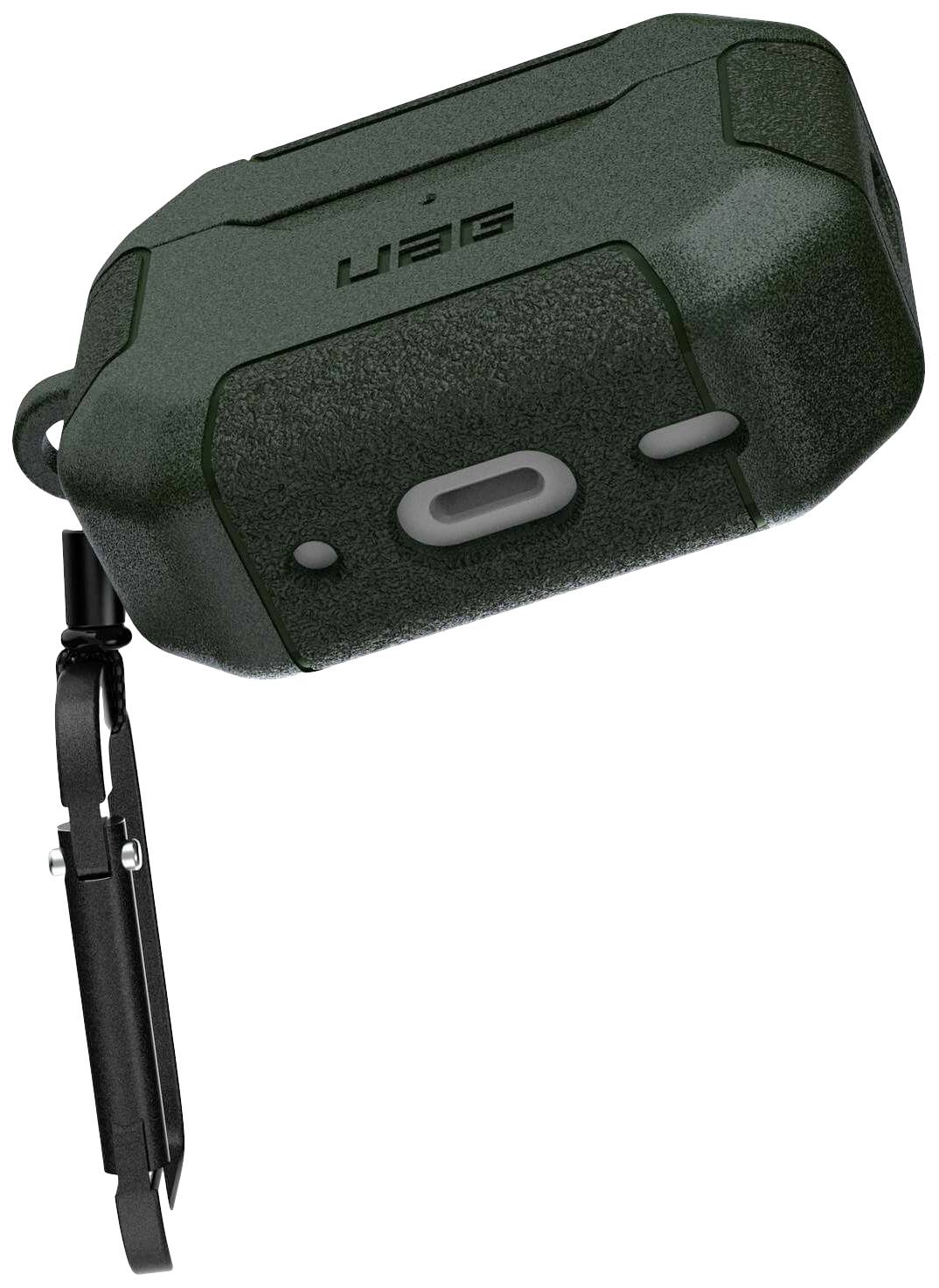 Grünes, robustes Schutzetui für Kopfhörer mit Anhängeschlaufe. UAG-Logo oben. Ideal für Outdoor-Nutzung.