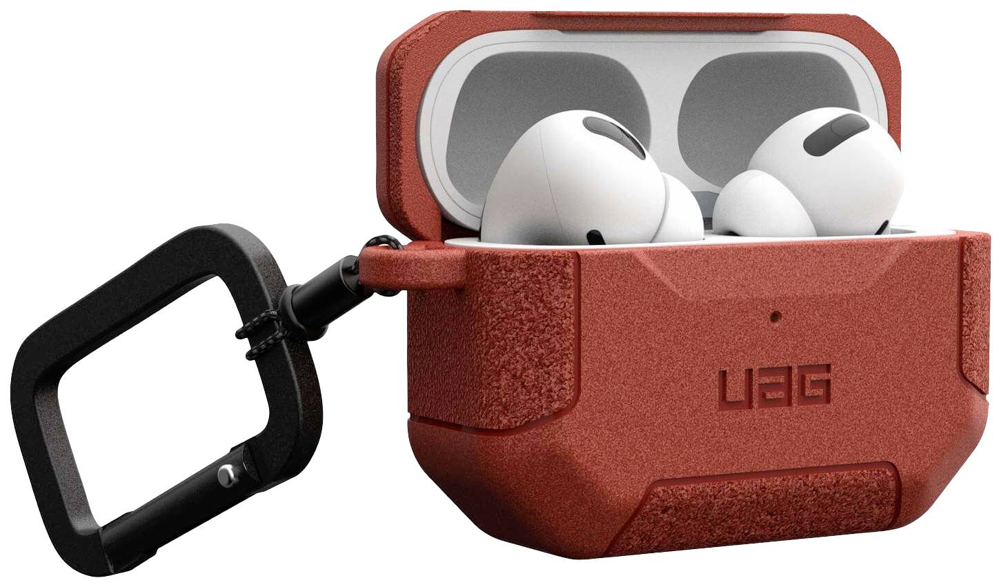 Rote Schutzhülle mit Karabiner, geöffnet, zeigt darin liegende weiße kabellose Ohrhörer.