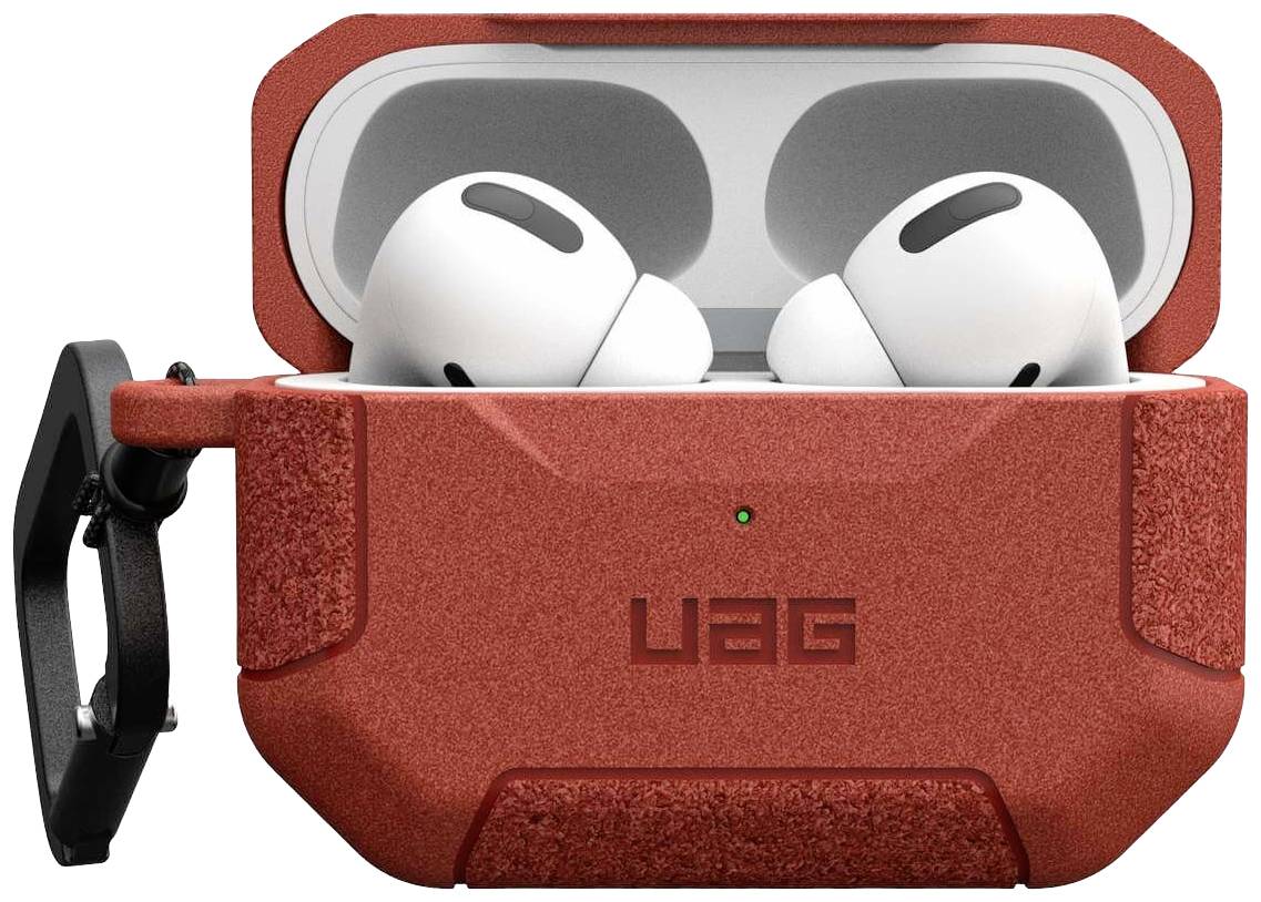 Rote Hülle mit Sicherheitsschnalle enthält kabellose In-Ear-Kopfhörer. Markierung 'UAG' auf der Vorderseite der Hülle.