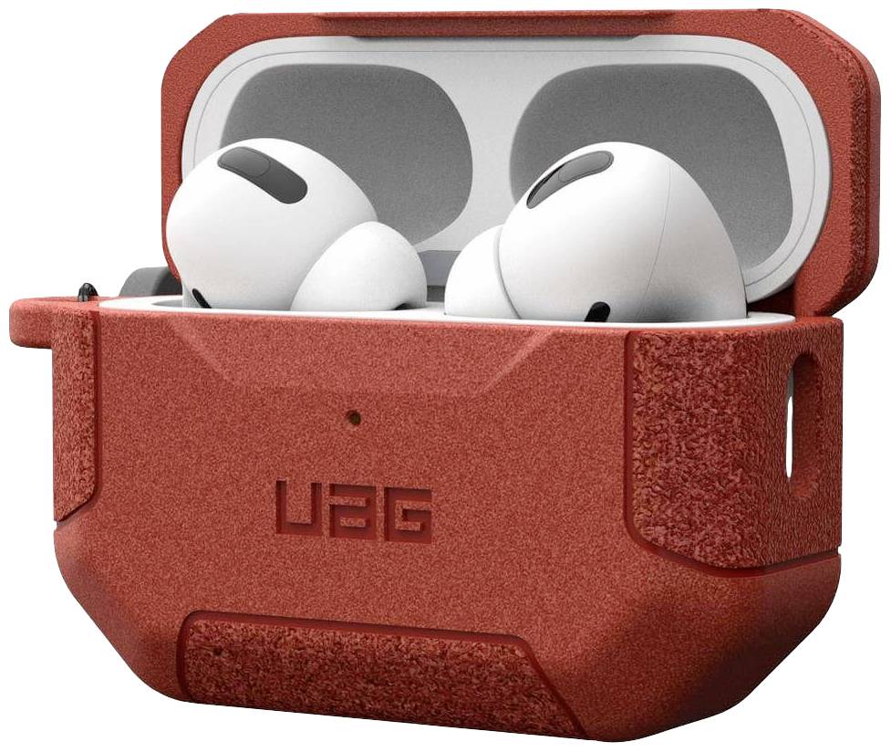 Rote Schutzhülle mit geöffnetem Deckel, darin zwei weiße kabellose Ohrhörer.