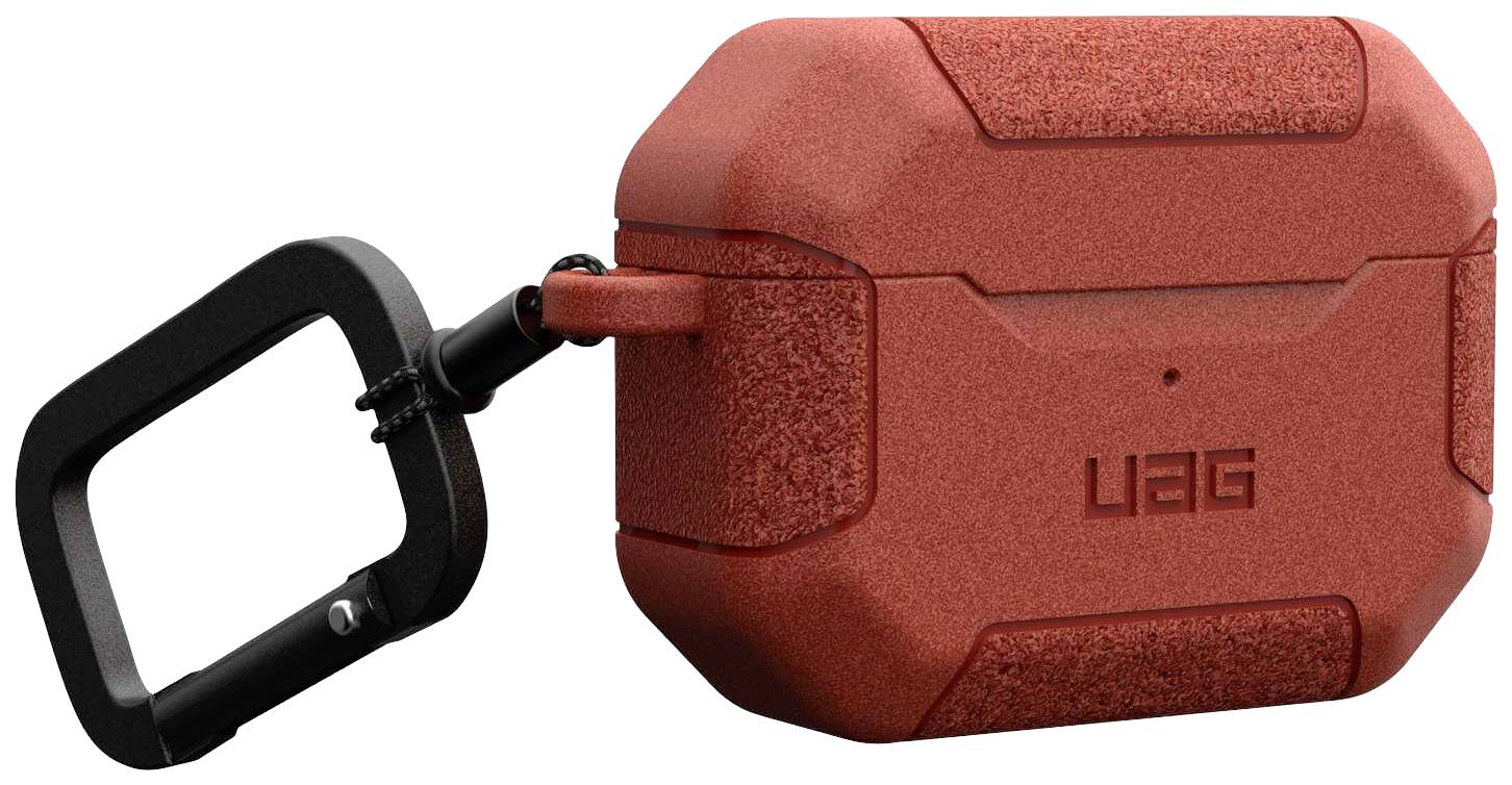 Orangefarbenes Schutzgehäuse mit Karabinerhaken für kabellose Ohrhörer. Robustes Design, Marke 'UAG'.
