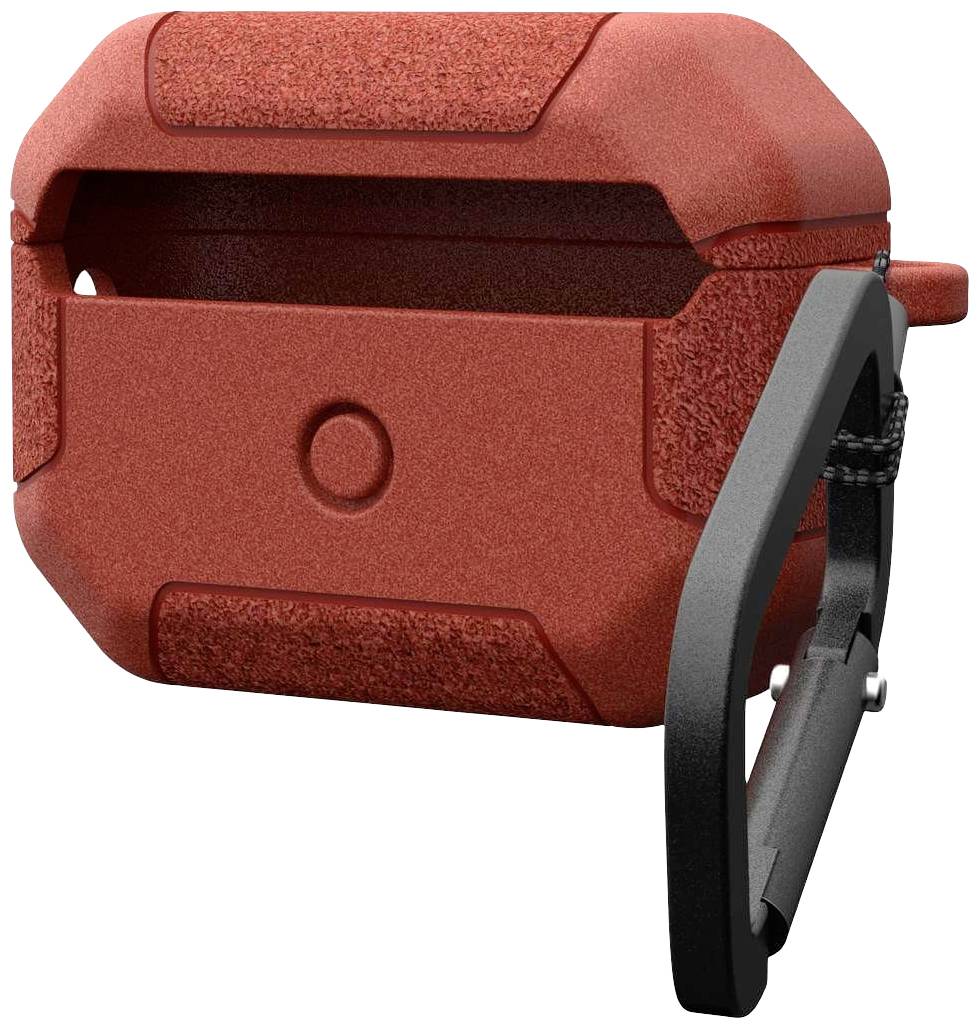 Rotes, schützendes Gehäuse mit schwarzem Karabinerhaken, entworfen zur sicheren Aufbewahrung kleiner Gegenstände.