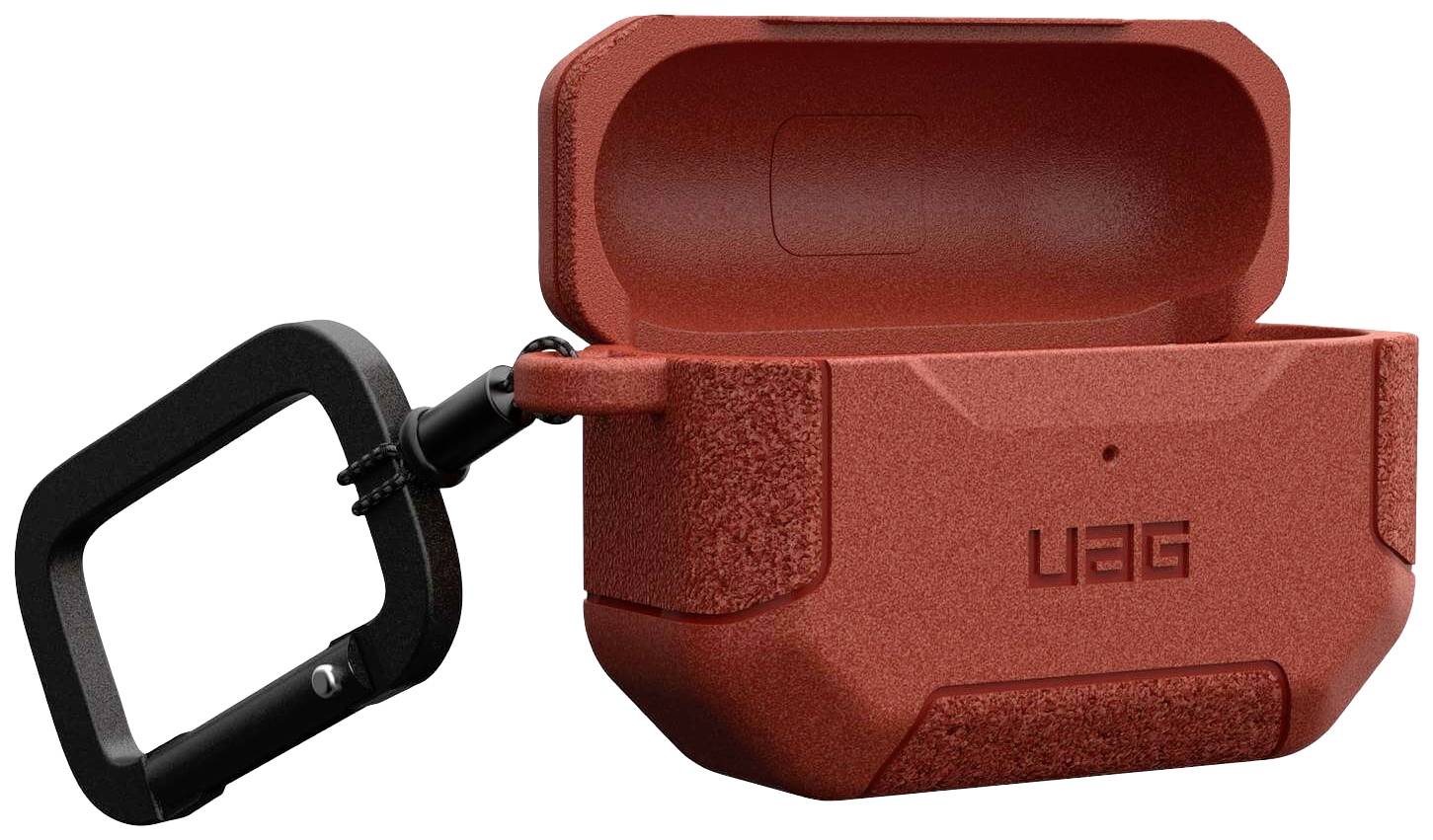 Rote Schutz-Hülle für kabellose Ohrhörer, geöffnet, mit schwarzem Karabiner befestigt, zeigt robustes Design und Logo an der Vorderseite.