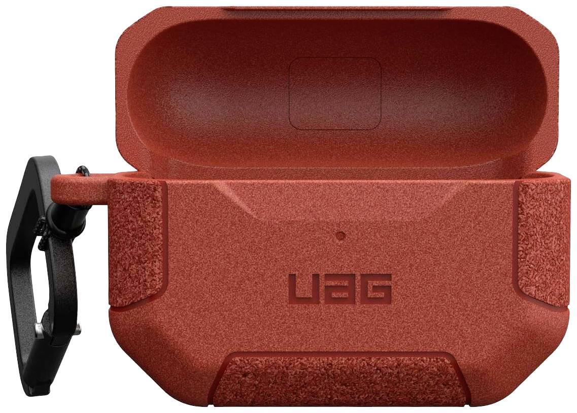 Rote Schutzhülle für kabellose Ohrhörer, leicht geöffnet. Robustes Design mit Karabiner. Markenname 'UAG' sichtbar.