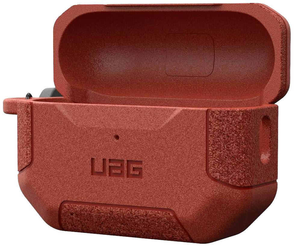Rotes, robustes Etui mit Deckel geöffnet, Markenlogo 'UAG' auf der Vorderseite.