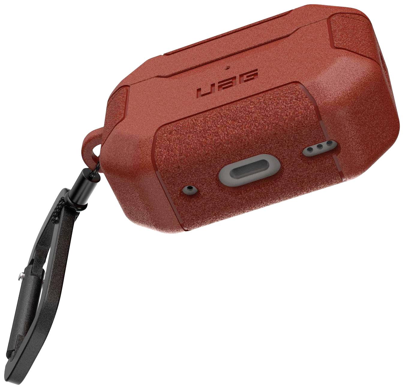 Rotes, robustes Etui für AirPods mit Karabiner. Schützt gegen Stöße und Kratzer. Logo auf der Oberseite. Ideal für Outdoor-Aktivitäten.