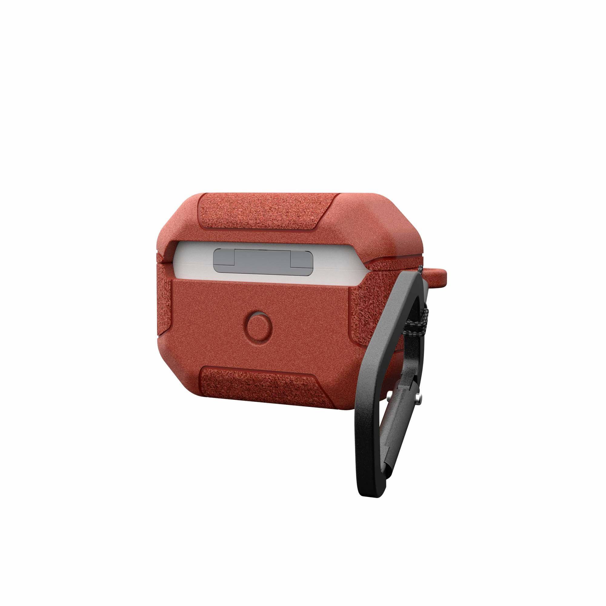 Rotes, robustes Gehäuse für Kopfhörer mit schützendem Design und seitlichem Clip, ideal für Outdoor-Aktivitäten und Reisen.