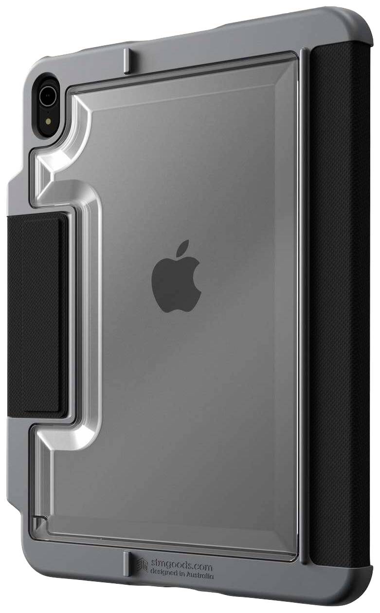 Graue Tablet-Schutzhülle mit schwarzem Griff und Sichtfenster auf das Apple-Logo. Robustes Design zum Schutz des Geräts.