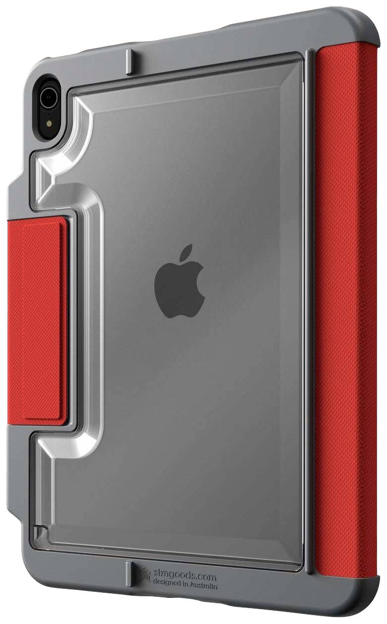 Robustes iPad-Gehäuse mit grauem Kunststoff und roten Seitenstreifen für verbesserten Halt und Schutz. Apples Logo sichtbar.