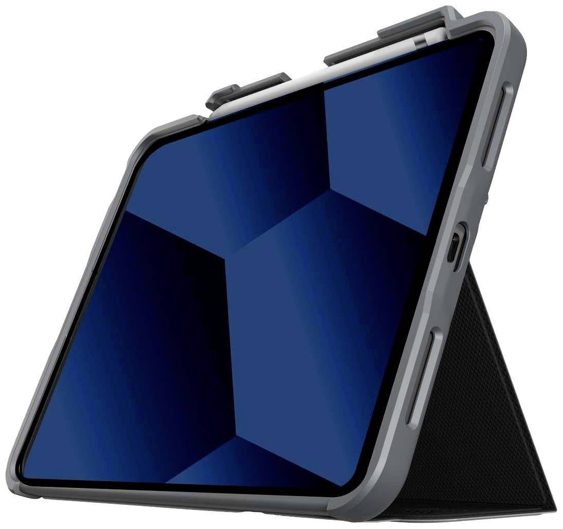 Ein Tablet in einer Schutzhülle steht aufrecht. Der Bildschirm zeigt ein blaues geometrisches Muster.