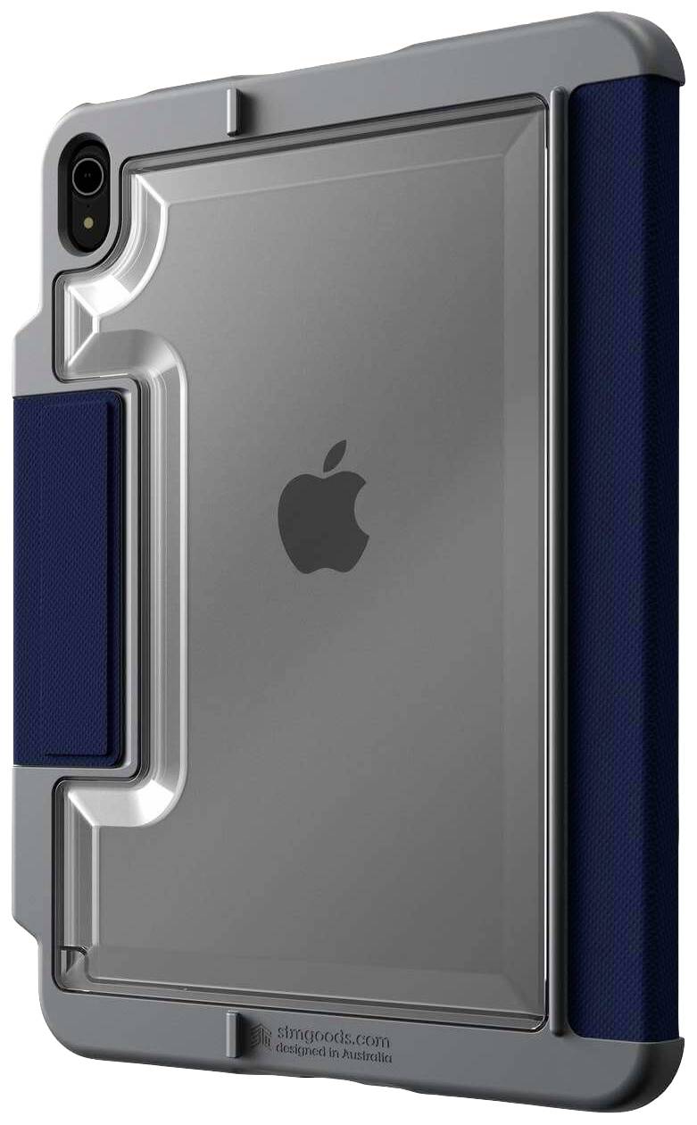 Schutzhülle für ein Tablet, zeigt Rückseite mit grauem Gehäuse und blauem Griff. Apple-Logo in der Mitte sichtbar.