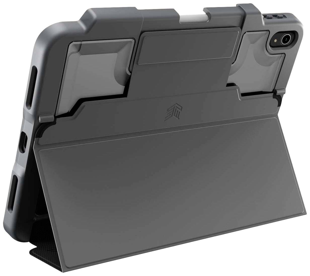 Rückansicht eines Tablets in einer robusten schwarzen Hülle mit integriertem Ständer, Kameraausschnitt oben hinten rechts.