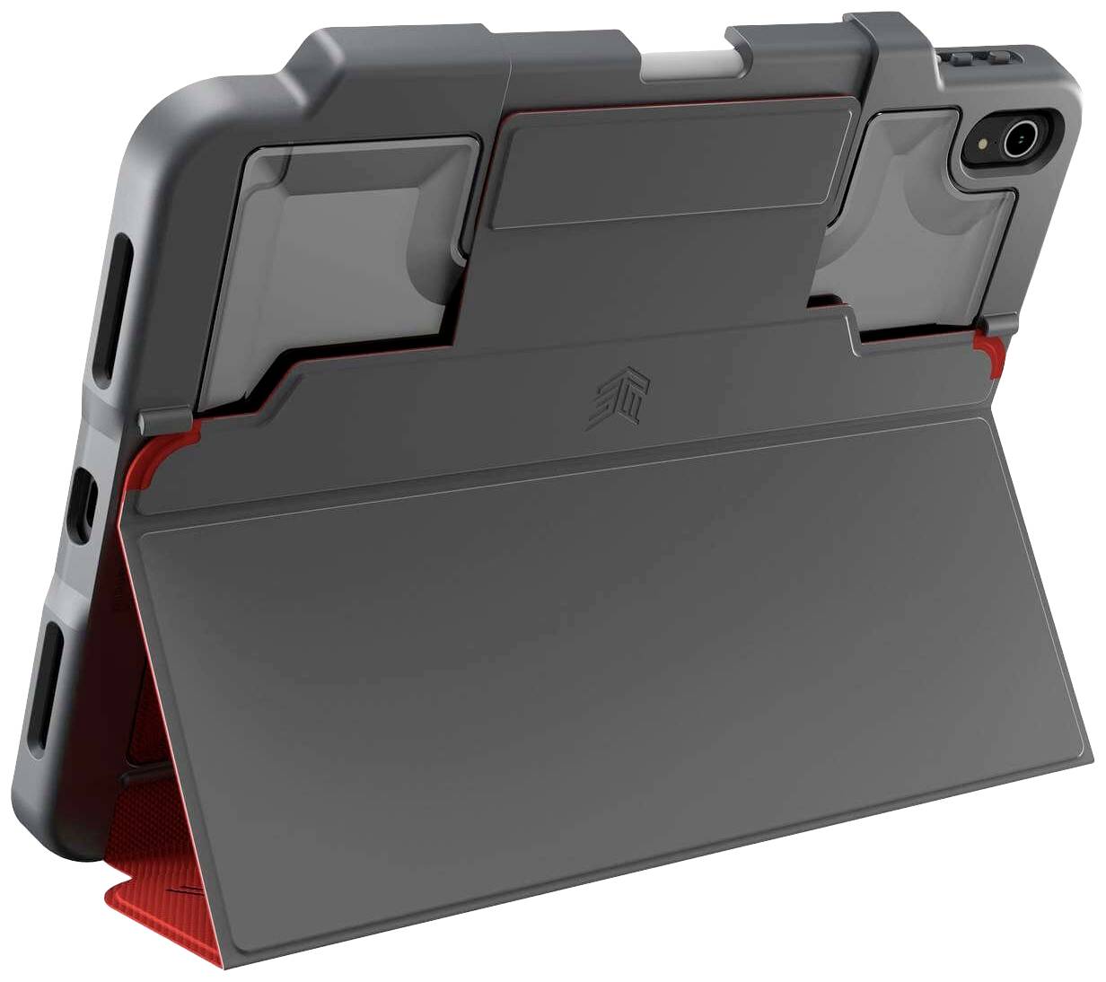 Ein robustes Tablet mit einem dicken, schützenden Gehäuse und einer Rückstütze, das auf einem Tisch geneigt ist.