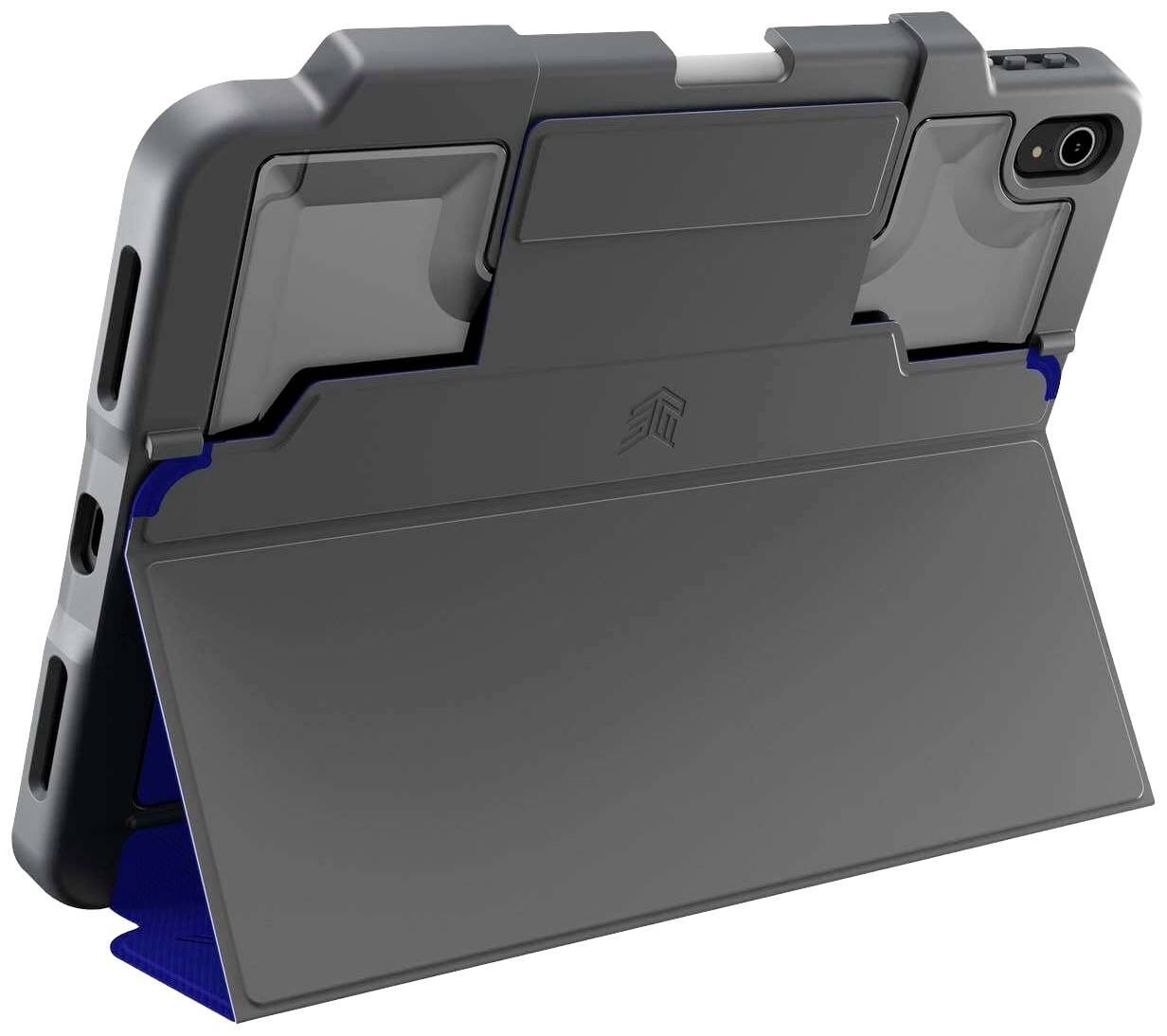 Ein robustes Tablet-Gehäuse mit integriertem Ständer, das aufrecht steht. Es bietet Schutz und unterstützt freihändige Nutzung.