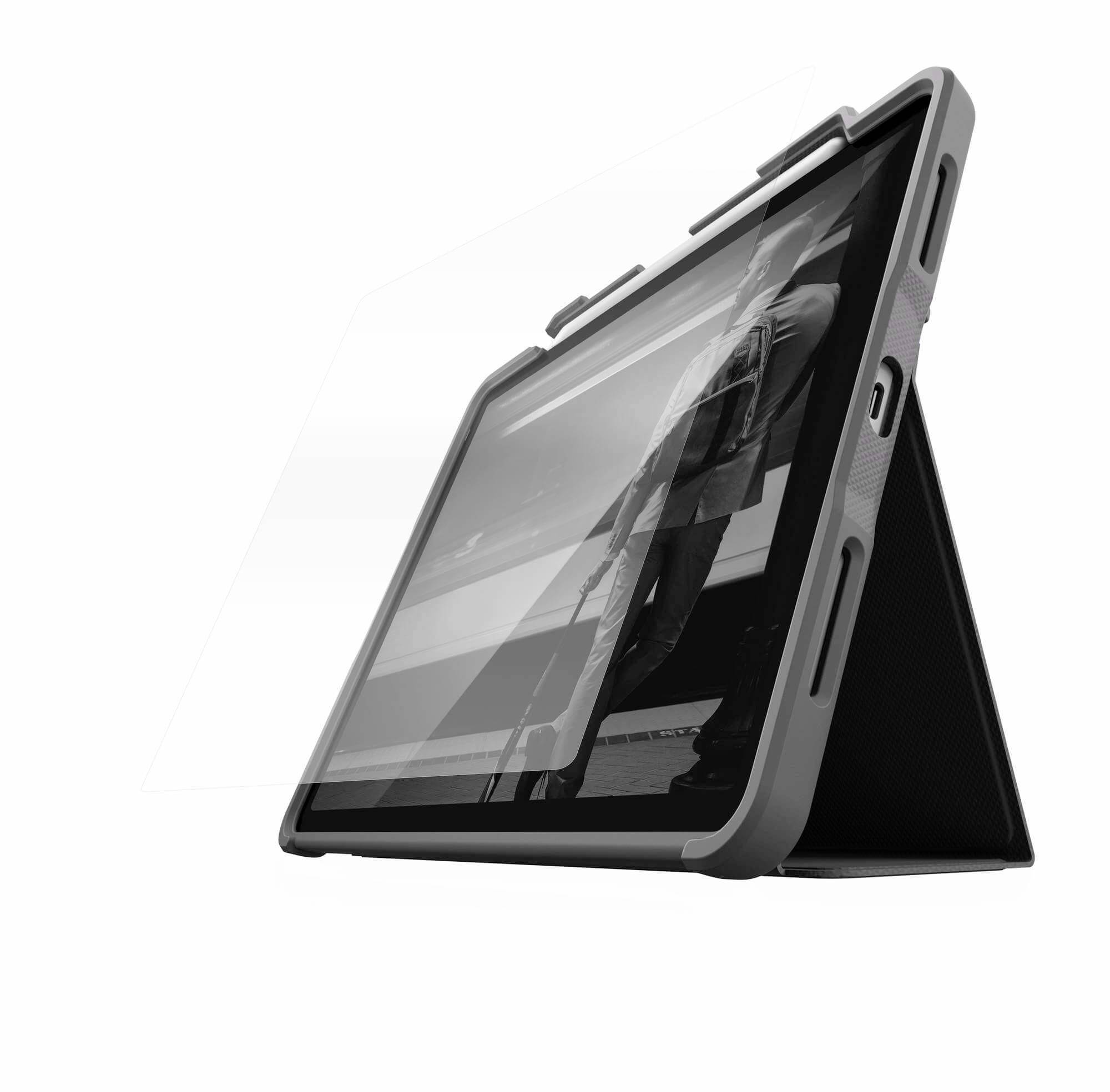 Tablet in grau-schwarzer Hülle mit Ständer, Display zeigt schwarz-weißes Bild.