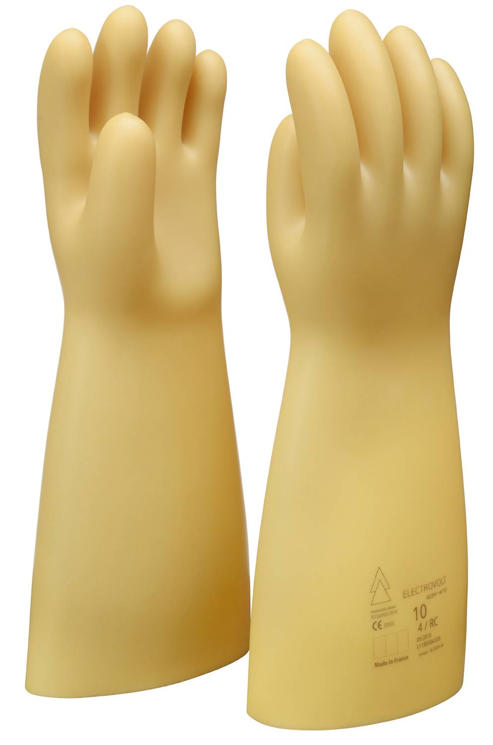 Zwei gelbe Isolierhandschuhe, stehend nebeneinander. Sie sind für den Schutz vor elektrischen Schlägen konzipiert.