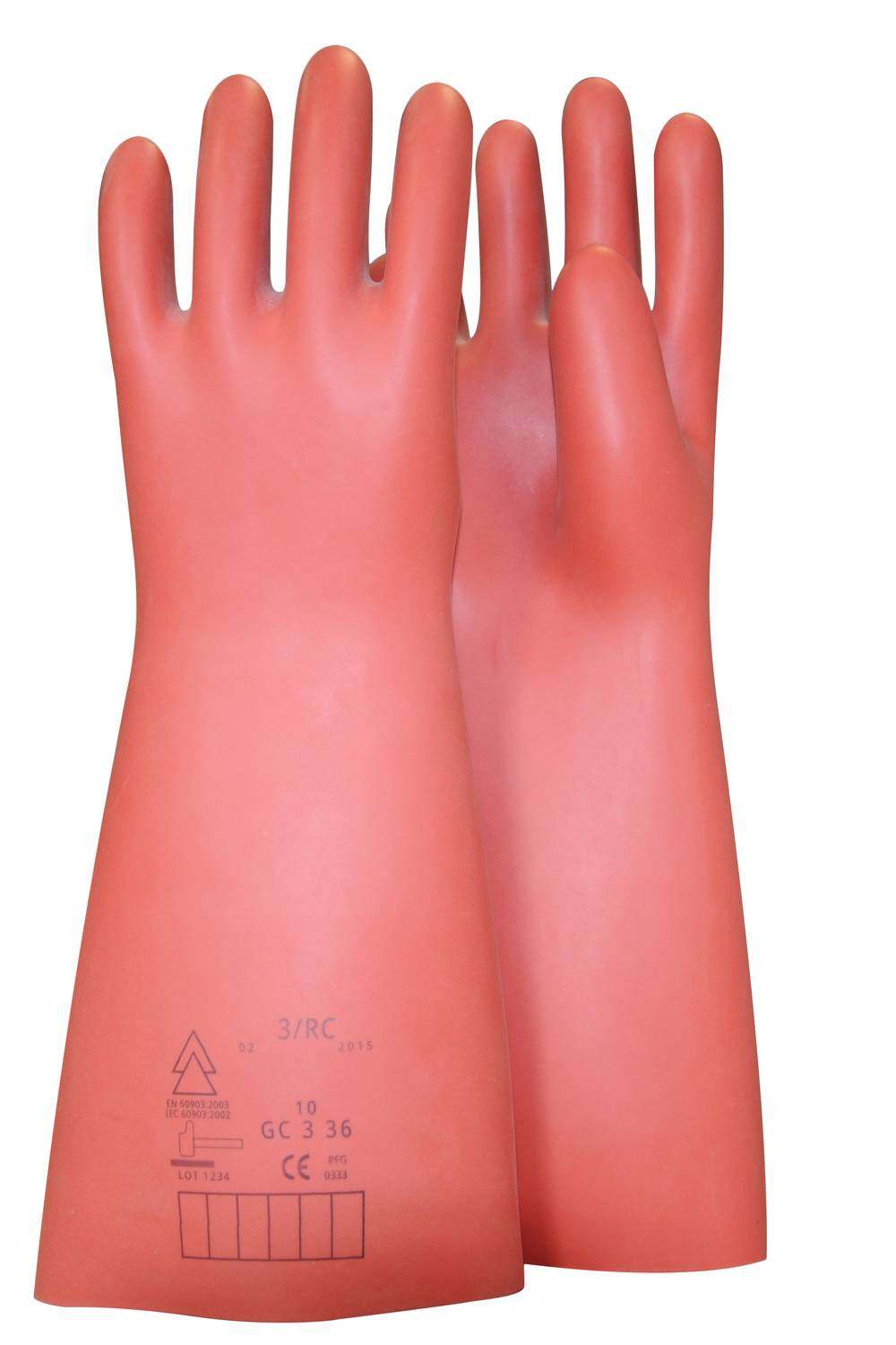 Zwei rote Schutzhandschuhe, jeweils mit langen Stulpen und CE-Kennzeichnung auf dem linken Handschuh. Sie sind für den Arbeitsschutz gedacht.