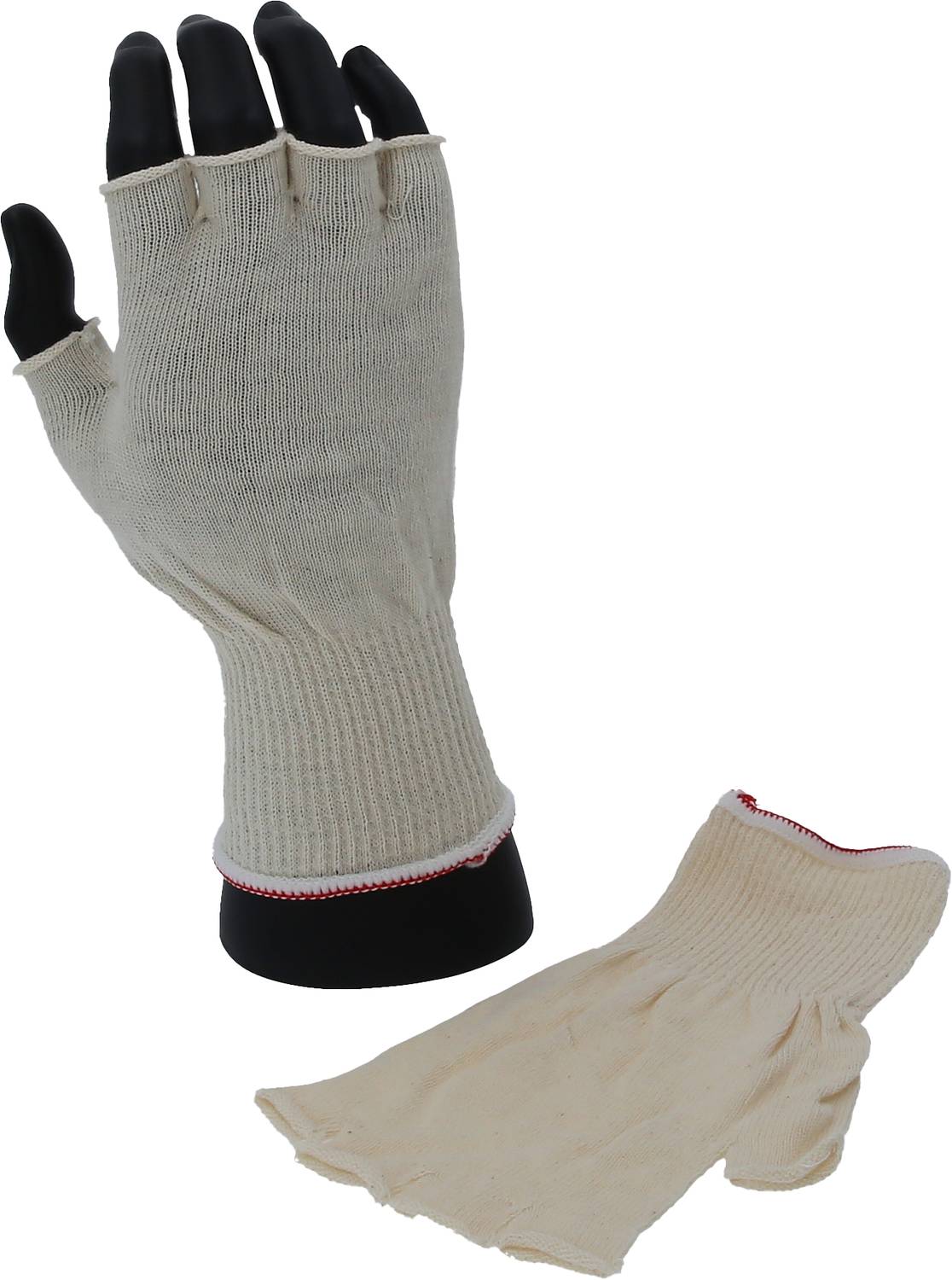 Eine schwarze Handmodell trägt einen hellbraunen, fingerlosen Strickhandschuh; neben ihr liegt ein weiterer Handschuh.
