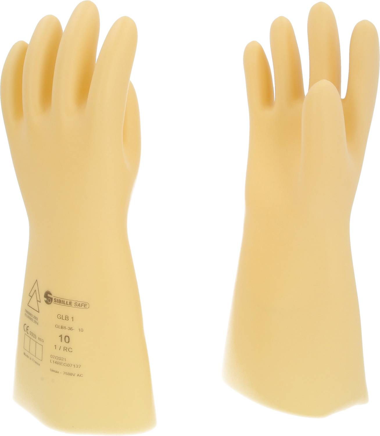 Zwei beige Gummihandschuhe, stehend. Einer mit sichtbarer Beschriftung und Symbolen. Arbeitsplatzschutz, isolierend und langlebig.