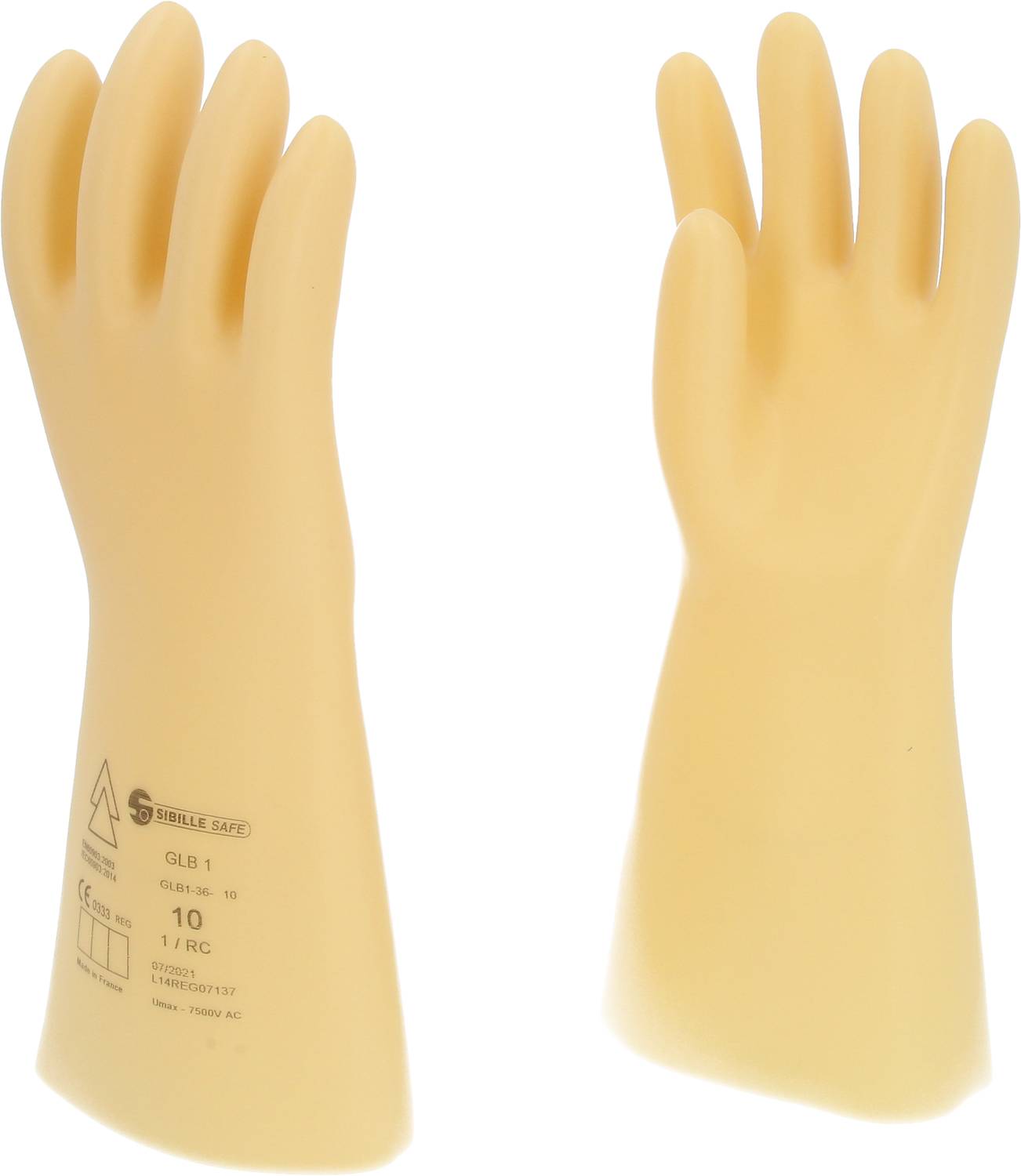 Zwei gelbe Schutzhandschuhe, isolierend, mit Aufdrucken zur Sicherheitsklassifizierung, stehen nebeneinander.