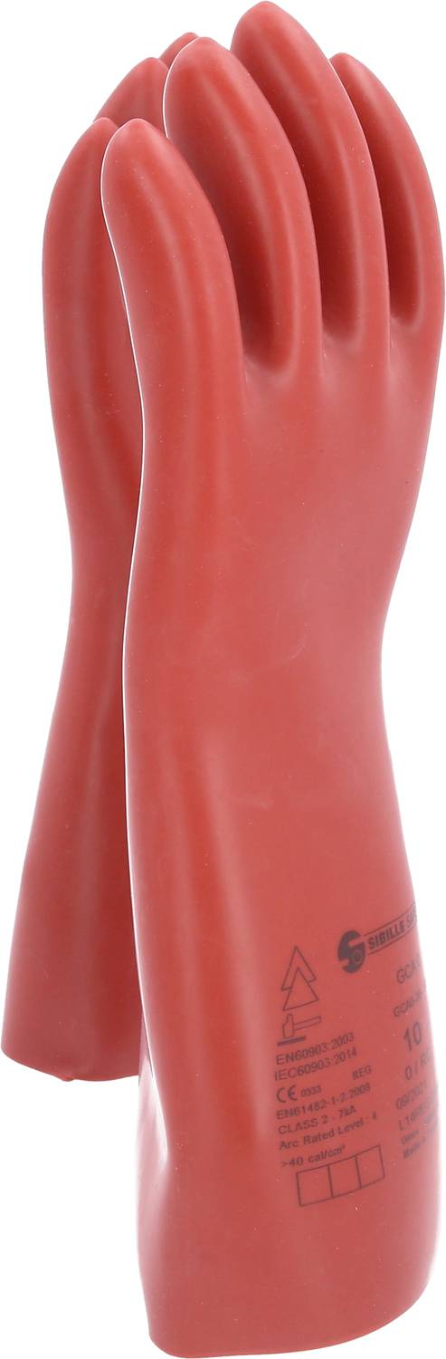 Ein Paar rote Isolierhandschuhe, hochspannungsgeeignet, mit CE-Kennzeichnung, stehen aufrecht.