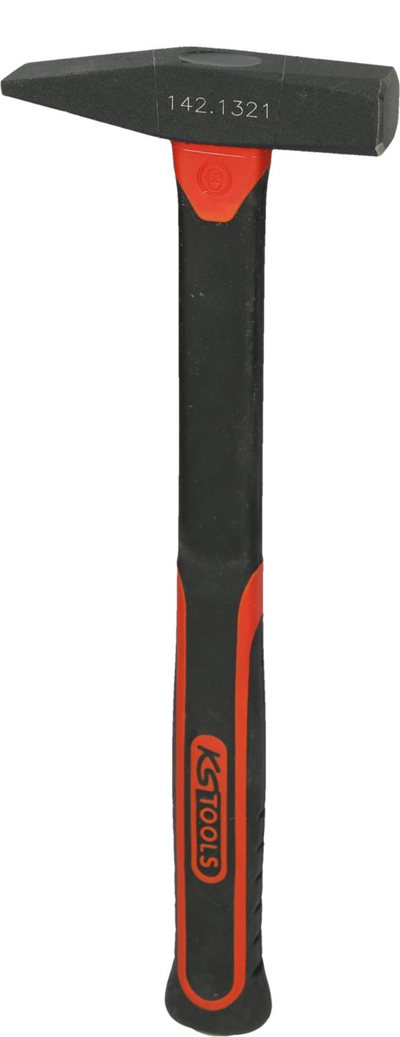 Ein Hammer mit schwarzem und rotem Griff, Markenlogo und Modellnummer '142.1321' oben am Kopf eingeprägt.