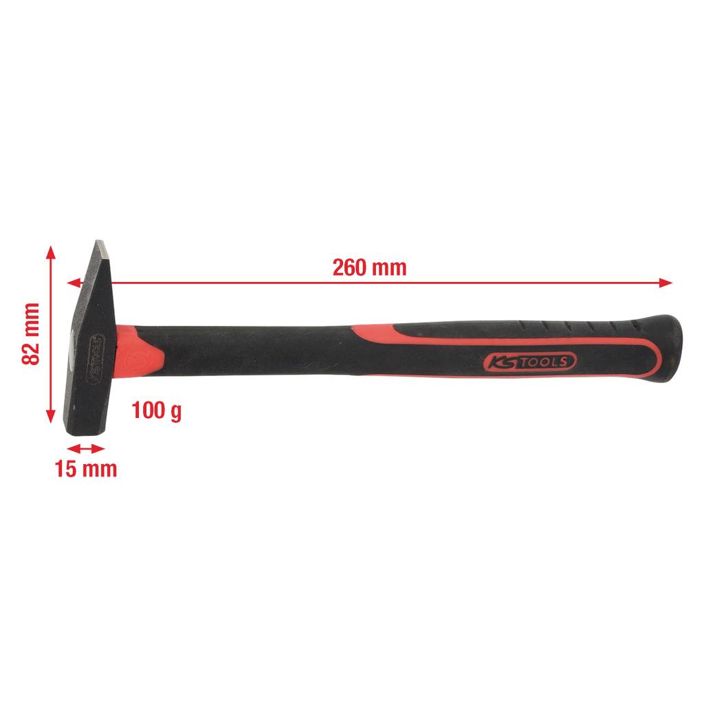 Ein schwarzer und roter Hammer mit den Maßen: 260 mm lang, 82 mm hoch, 15 mm breit und wiegt 100 g.