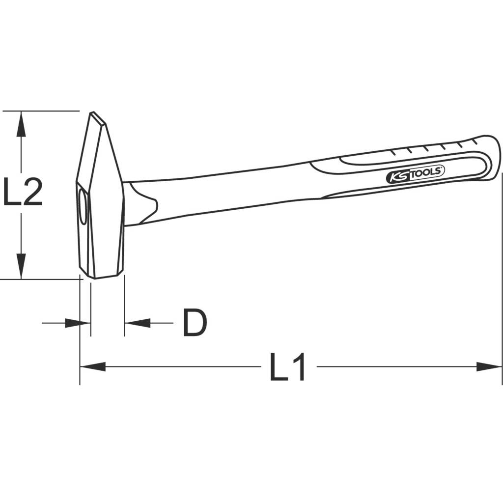 'Illustration eines Hammers mit Klingen- und Rundkopf. L1 und L2 bezeichnen die Längen. Der Griff trägt das Logo 'KS Tools'.'