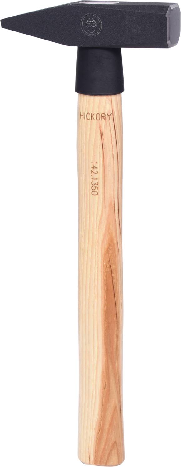 Ein Hammer mit Holzstiel und schwarzem Metallkopf liegt vertikal. Text auf dem Stiel: 'Hickory'.